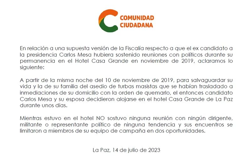 CC confirma que Carlos Mesa se hospedó en el mismo hotel al que llegó Camacho durante el golpe de 2019