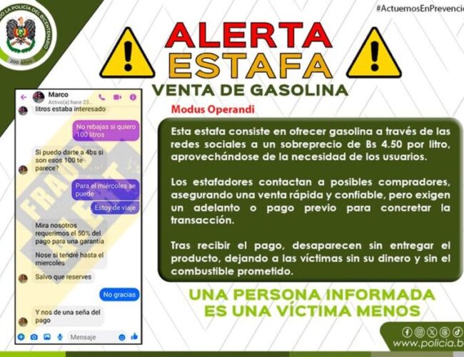 Policía Boliviana alerta de estafadores que ofertan gasolina en las redes sociales