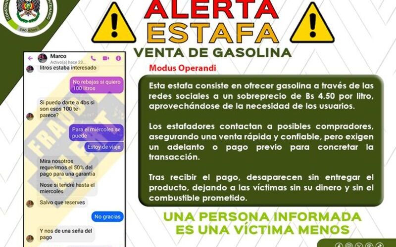 Policía Boliviana alerta de estafadores que ofertan gasolina en las redes sociales